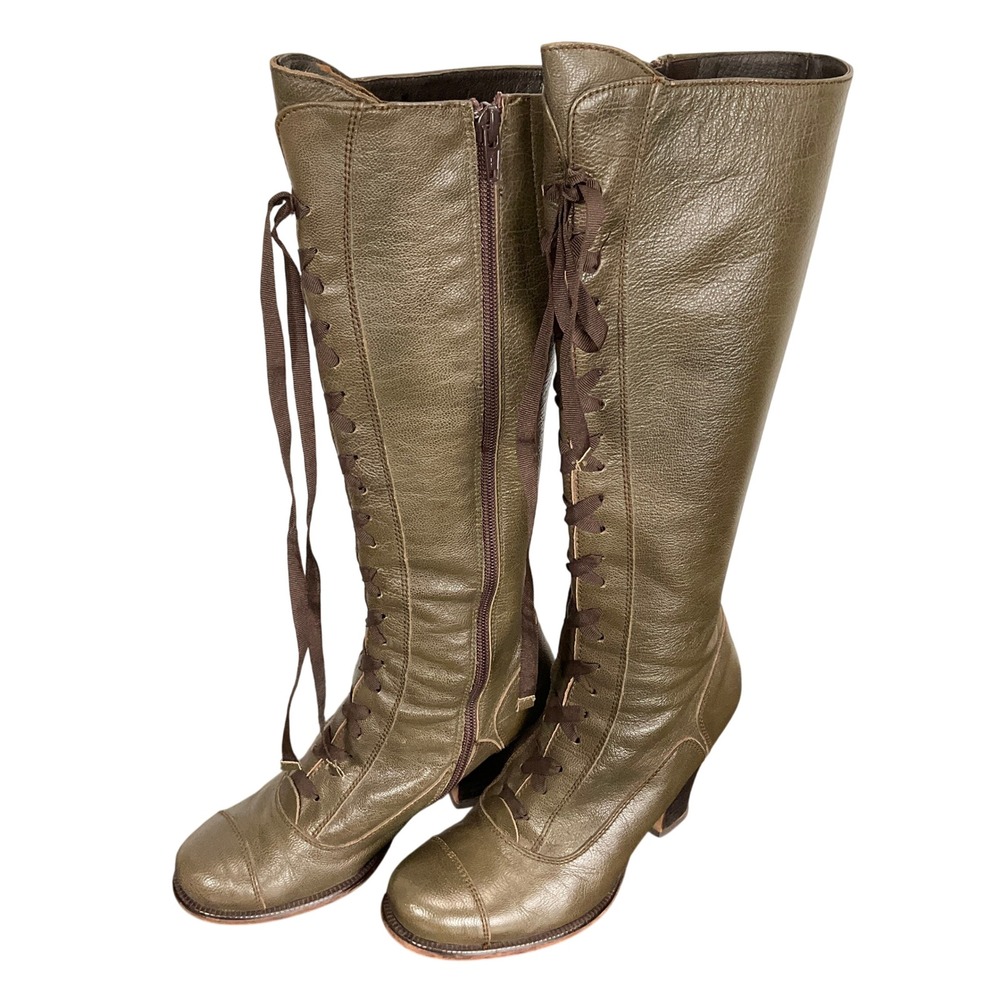 Jigsaw Boots‎ Women 6.5 Olive Green Lace Up Leather Granny Victorian Knee High